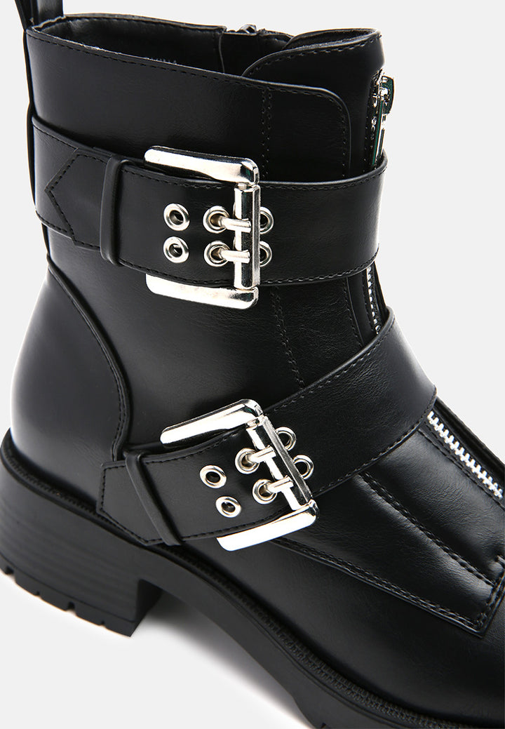 maud zipper buckle high ankle boots#color_black