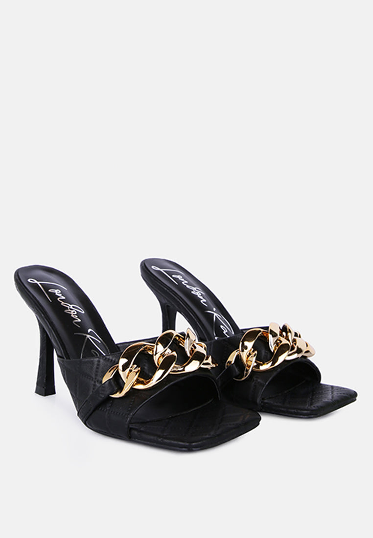mermaid quilted metallic chain embellished sandals#color_black
