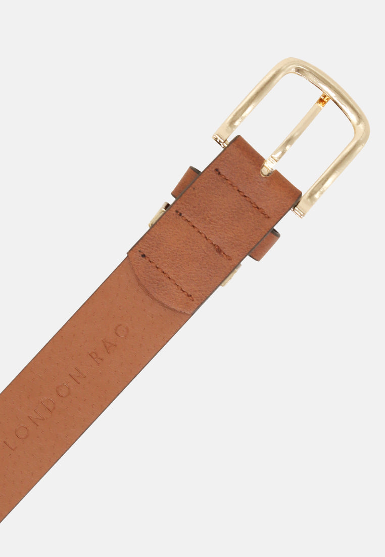 metallic buckle belt#color_brown