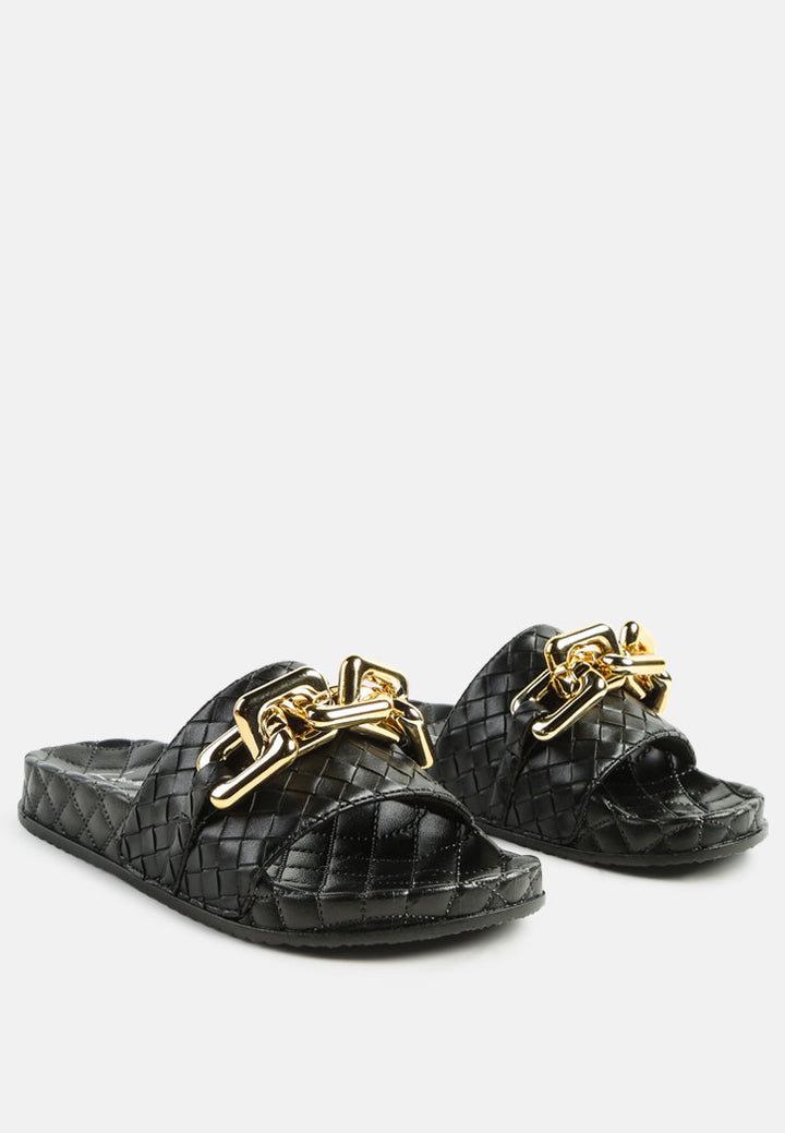 miami shot bling chain strap woven slip on flats#color_black