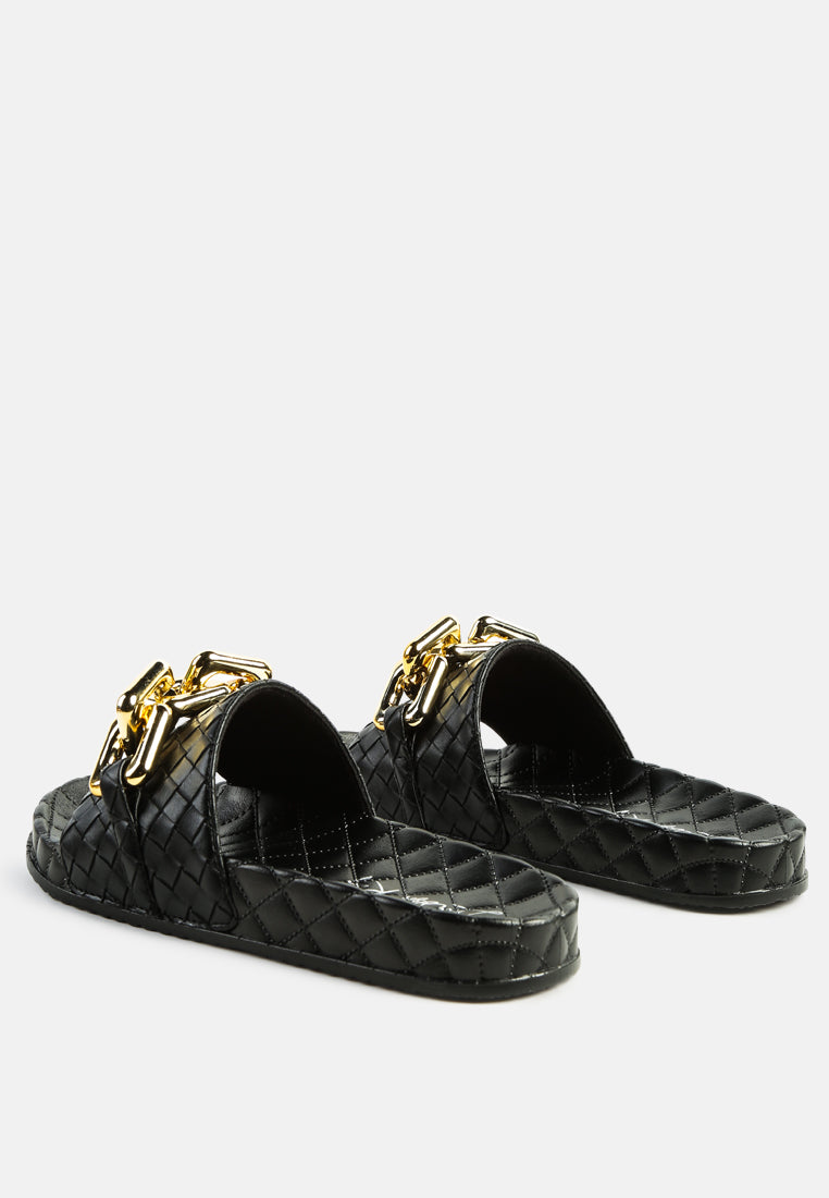 miami shot bling chain strap woven slip on flats#color_black