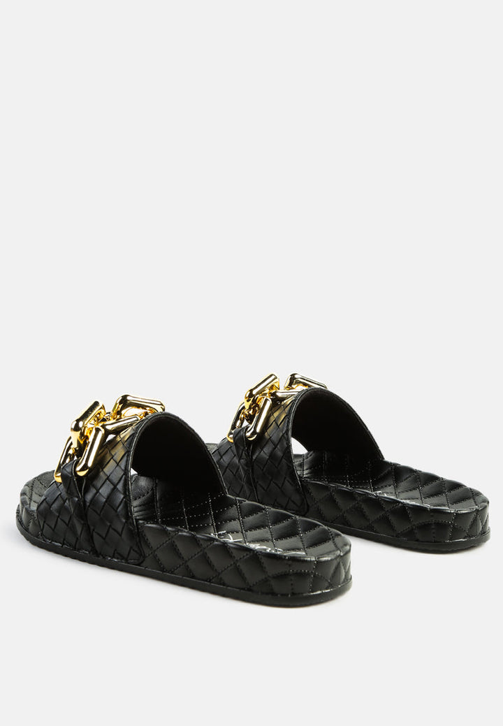 miami shot bling chain strap woven slip on flats#color_black