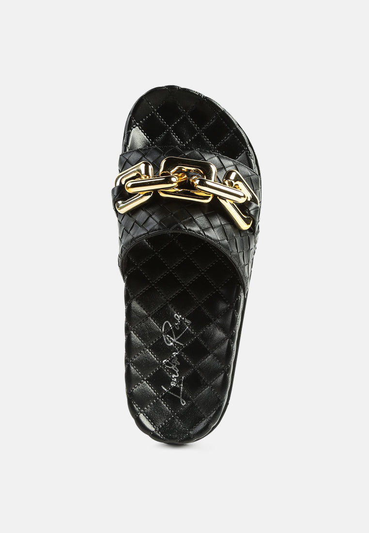 miami shot bling chain strap woven slip on flats#color_black