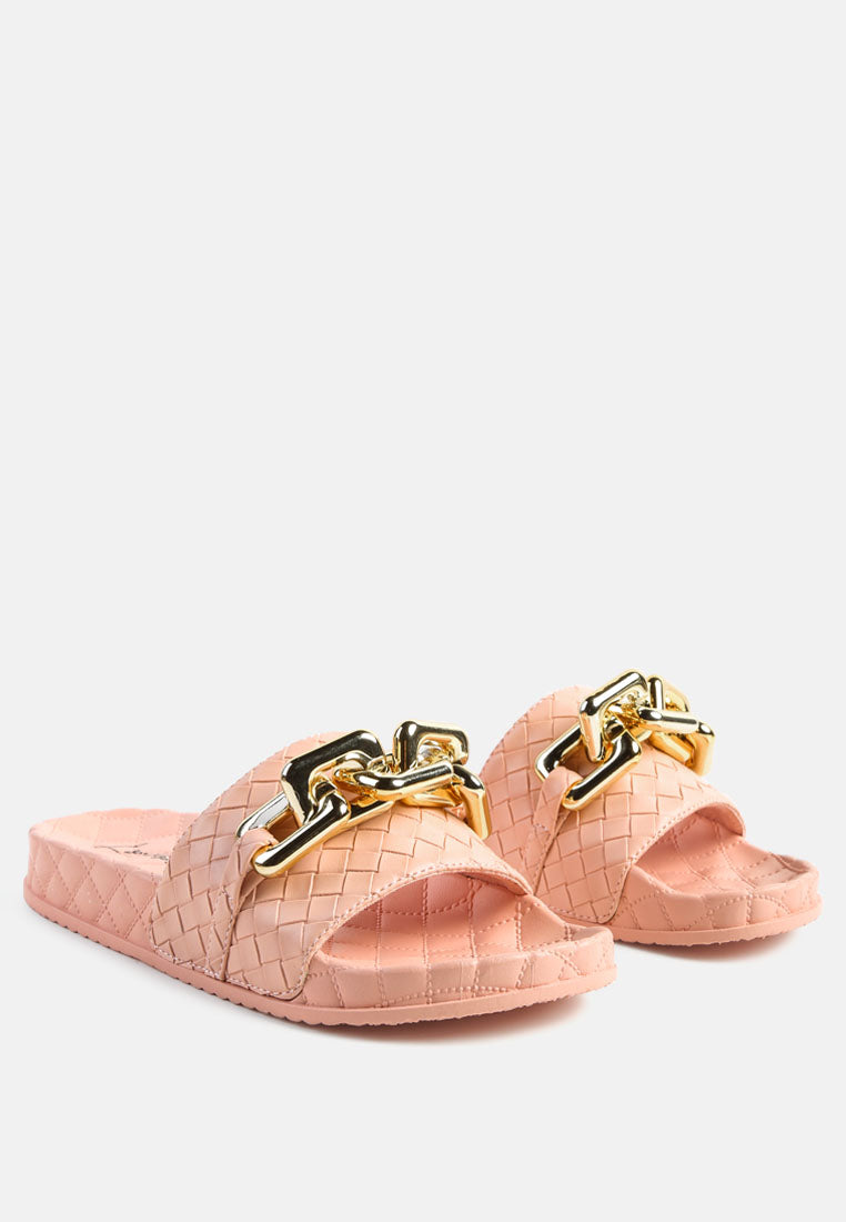 miami shot bling chain strap woven slip on flats#color_pink