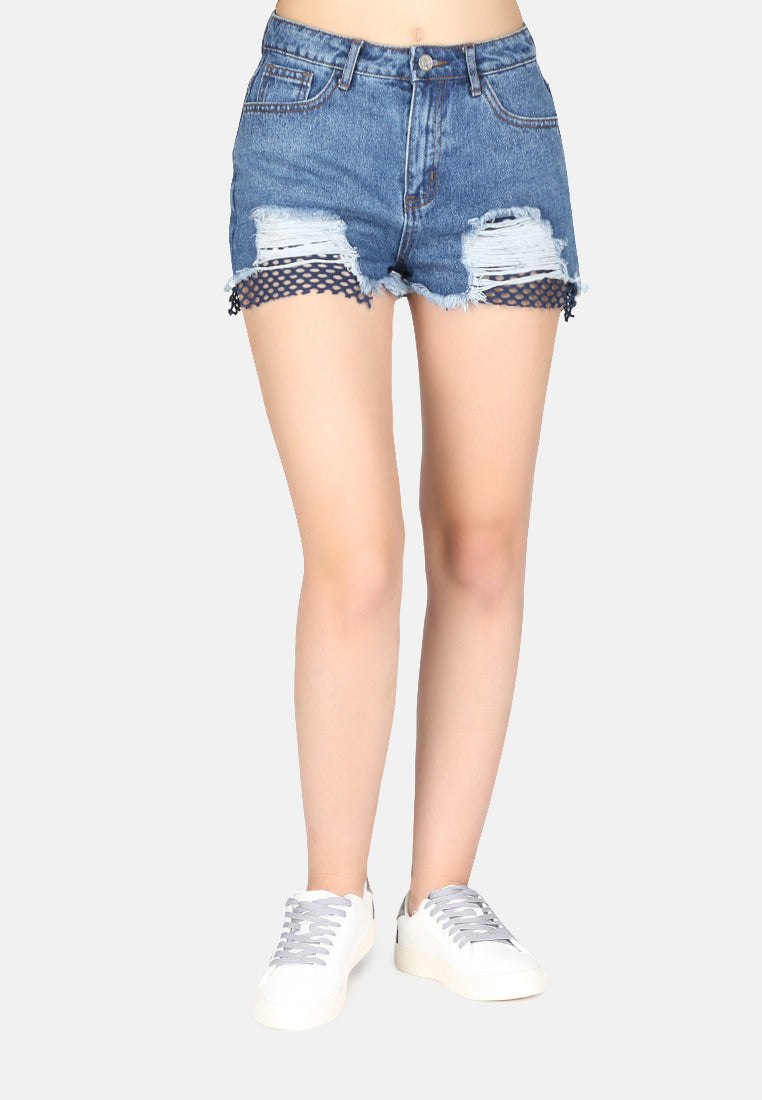 mid wash ripped denim shorts#color_blue