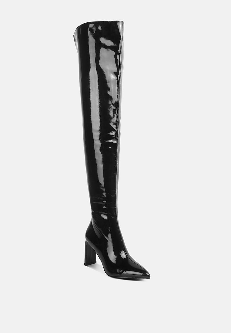 minkles patent pu long slim block heeled boots#color_black