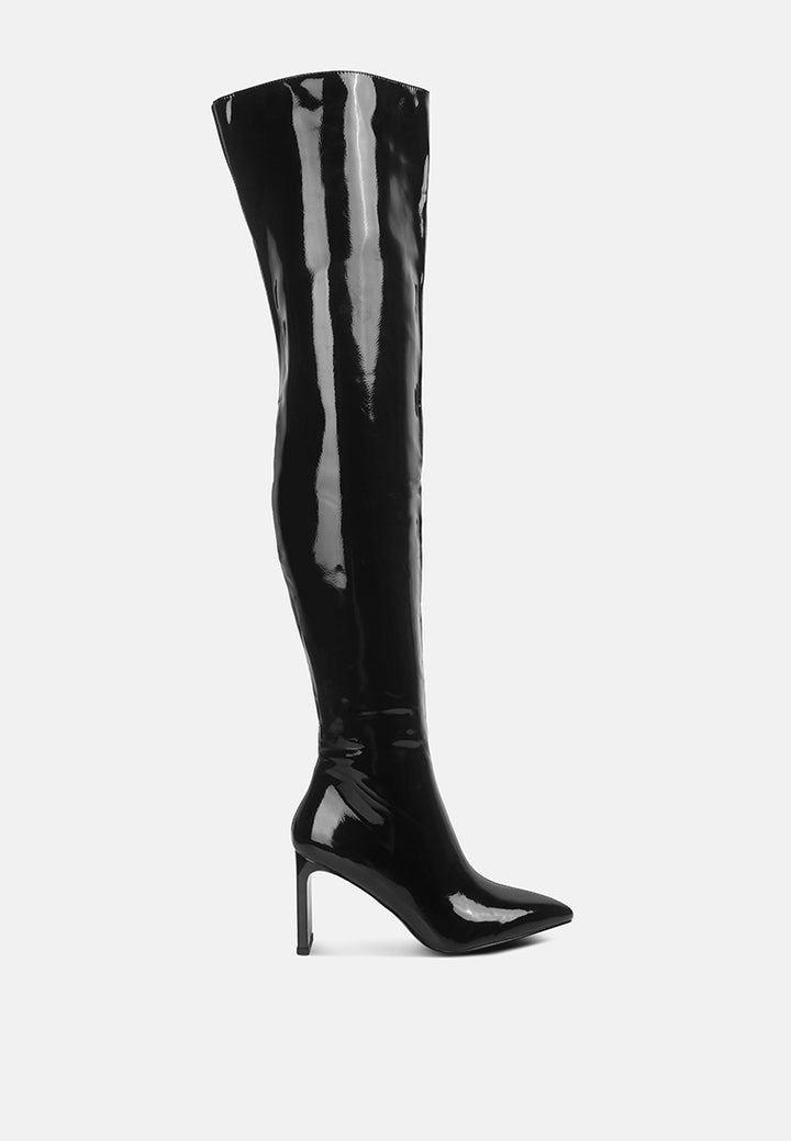 minkles patent pu long slim block heeled boots#color_black