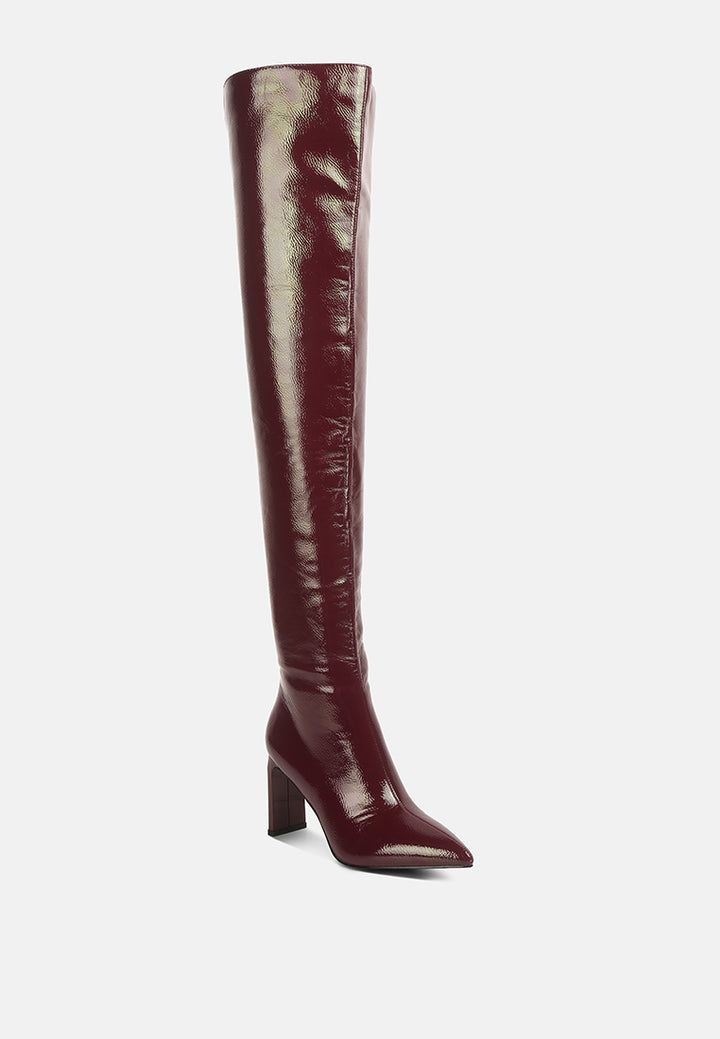 minkles patent pu long slim block heeled boots#color_burgundy