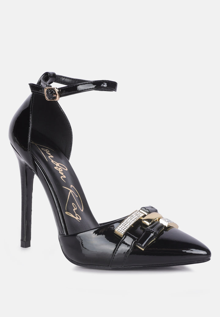 mocktail buckle embellished stiletto heels#color_black