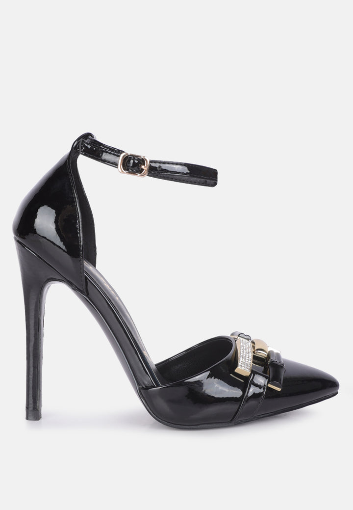mocktail buckle embellished stiletto heels#color_black