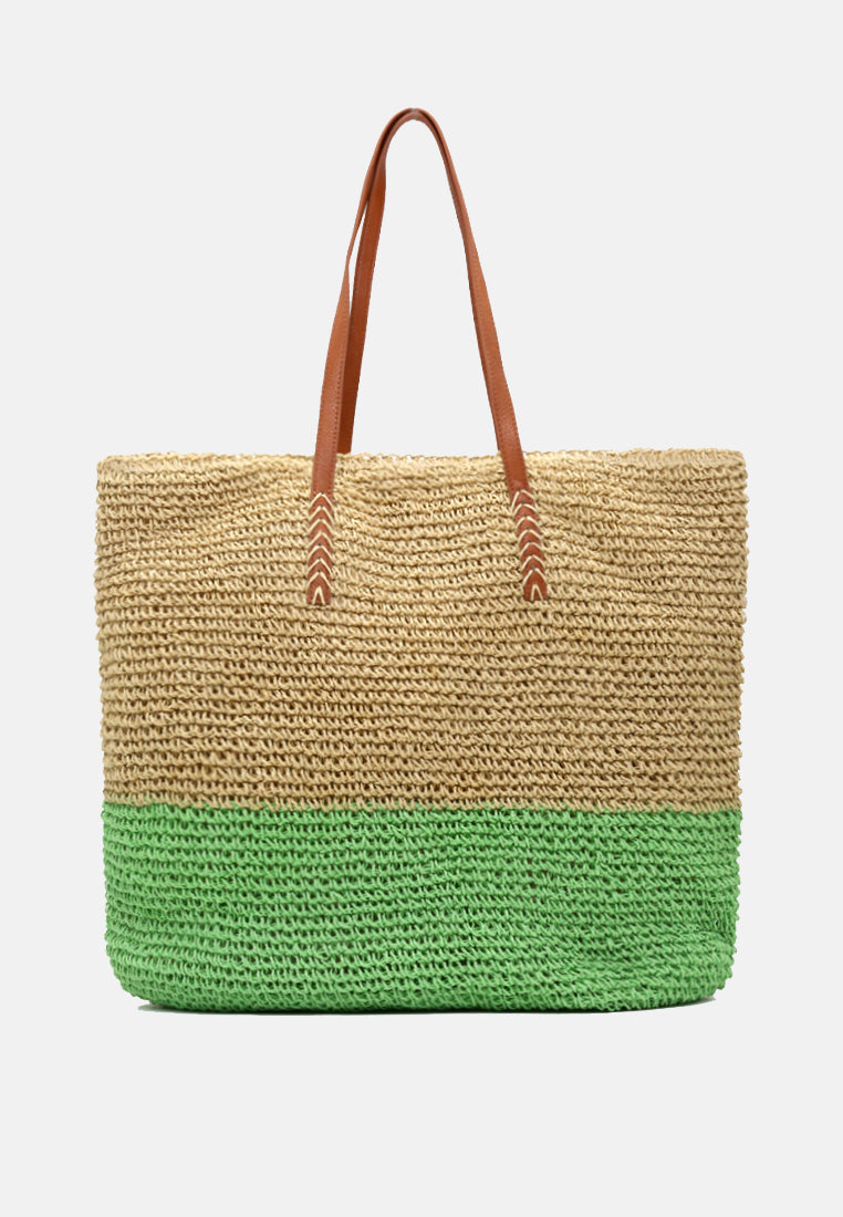 natural woven two tone tote bag#color_beige
