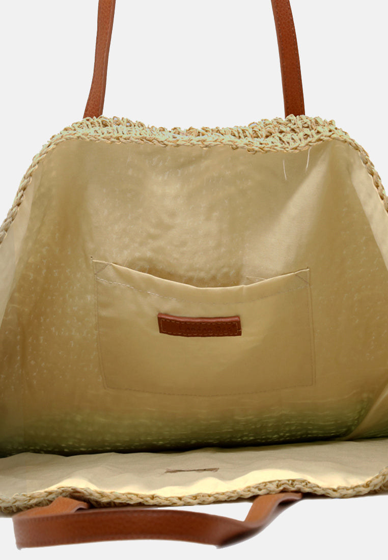 natural woven two tone tote bag#color_beige