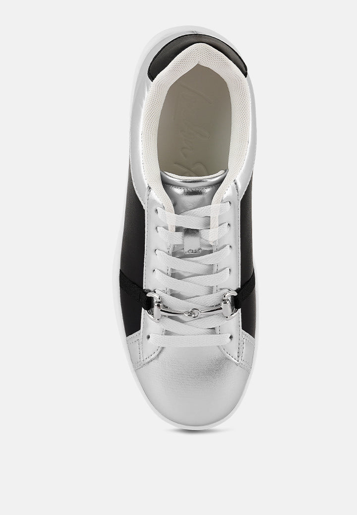 nemo contrasting metallic faux leather sneakers#color_silver