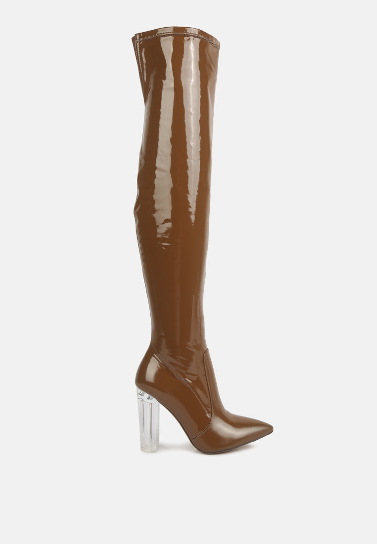 noire thigh high long boots in patent pu#color_tan