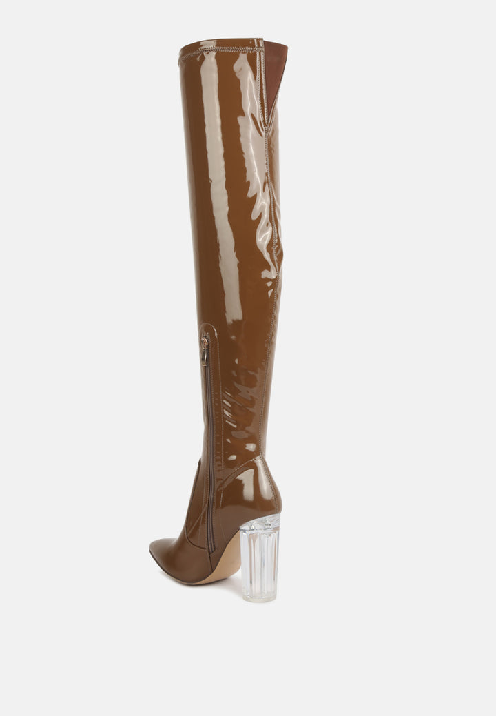 noire thigh high long boots in patent pu#color_tan