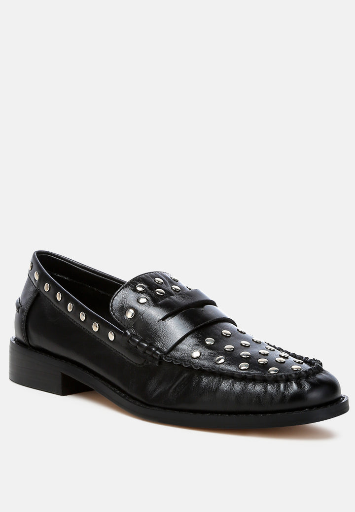 studs embellished leather loafers by ruw color_black