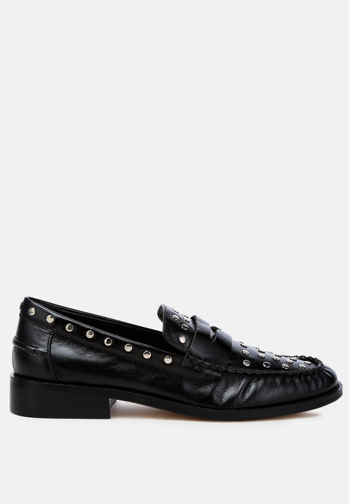 studs embellished leather loafers by ruw color_black
