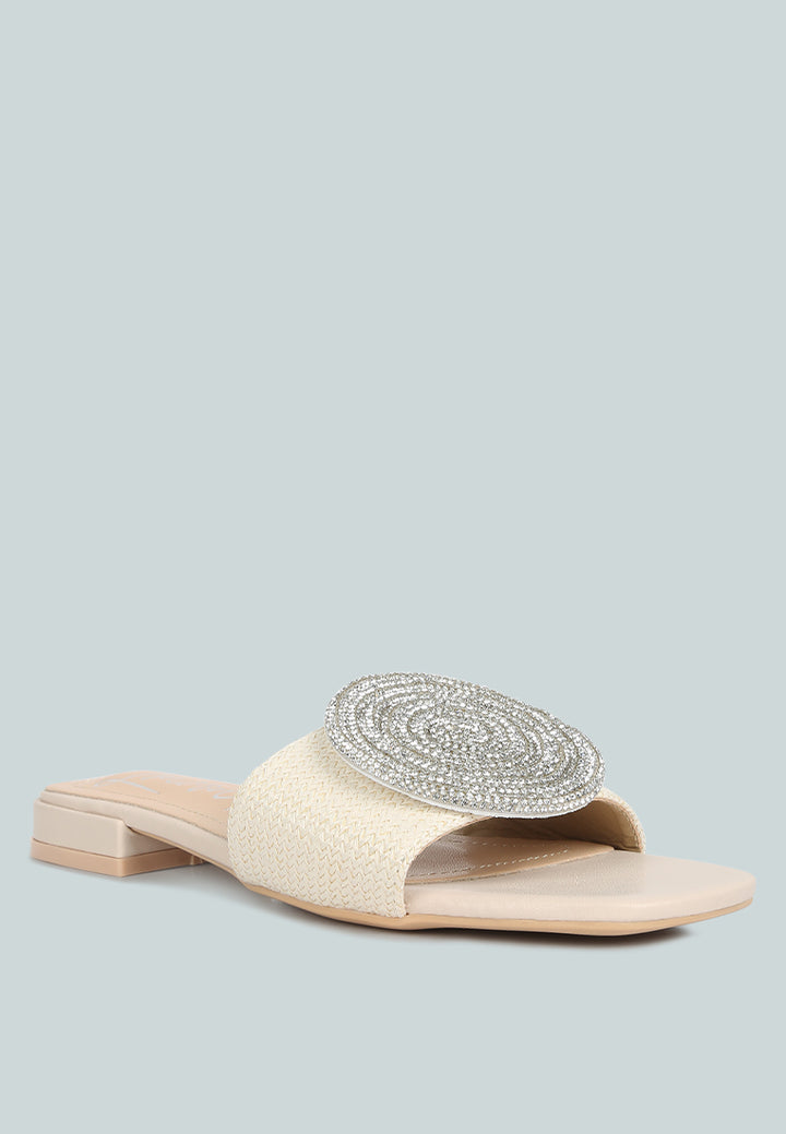 ollilie rhinestones embellished brooch slip on sandals#color_off-white