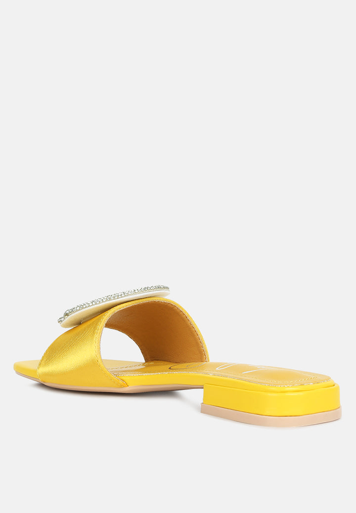 ollilie rhinestones embellished brooch slip on sandals#color_yellow