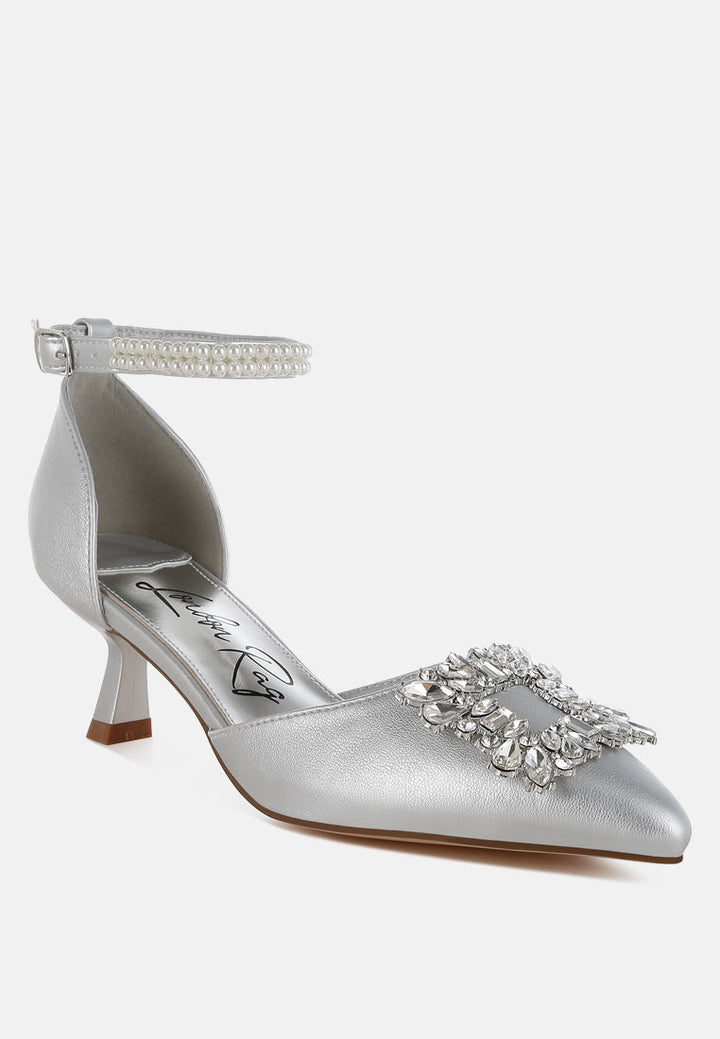 diamante brooch kitten heel sandals by mode#color_silver