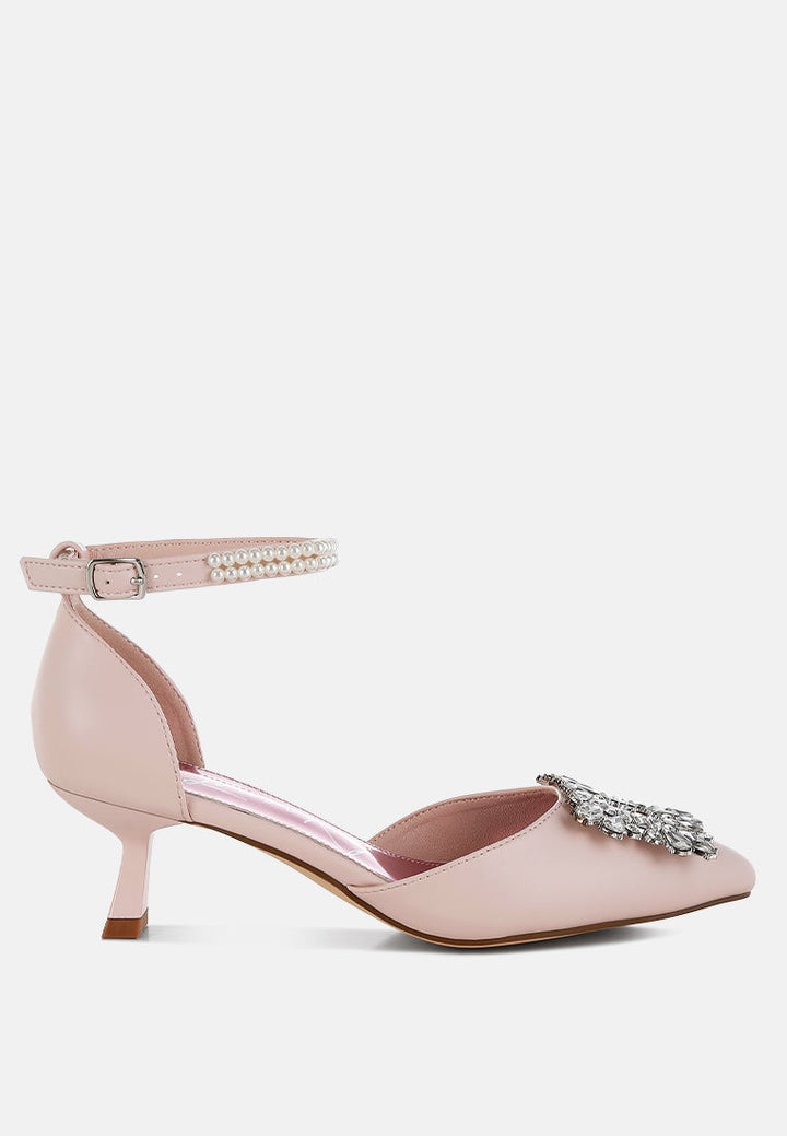 diamante brooch kitten heel sandals by mode#color_pink