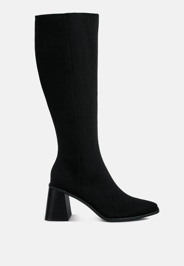 paytin faux leather block heel calf length boots#color_black