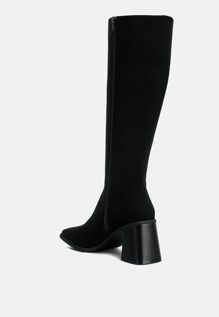 paytin faux leather block heel calf length boots#color_black