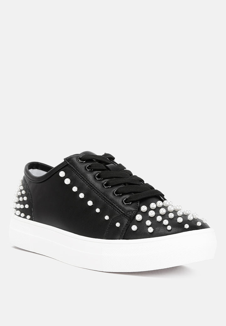 pearly pearl embellished slip on sneakers#color_black