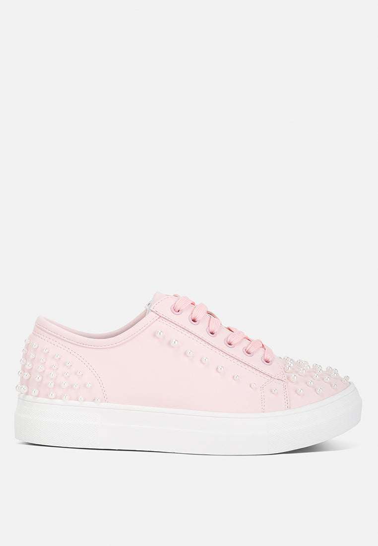 pearly pearl embellished slip on sneakers#color_pink