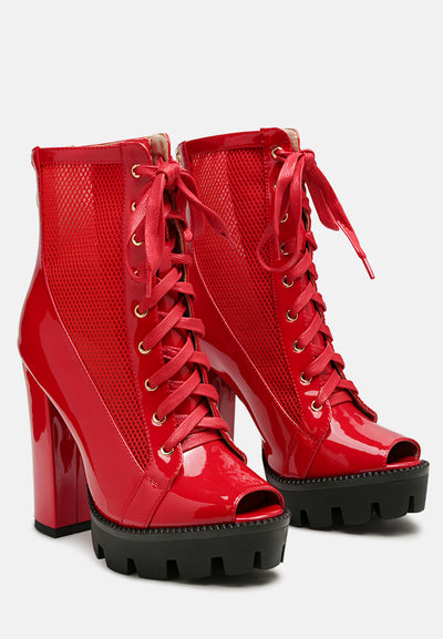 peepquep peep toe lace-up booties#color_red