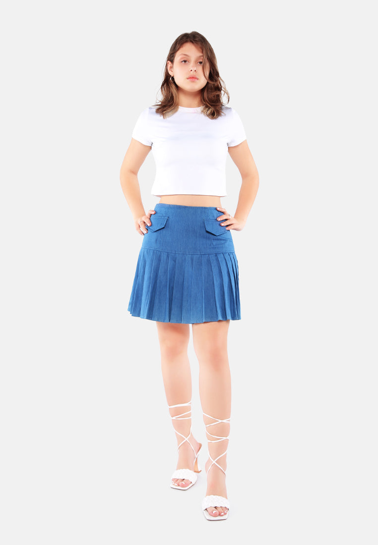 pleated drop waist godet skirt in blue#color_blue