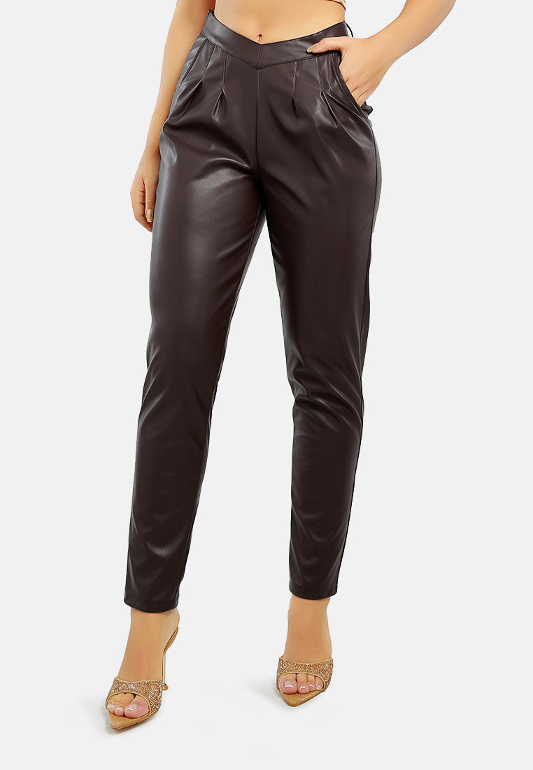 pleated faux leather pants#color_chocolate