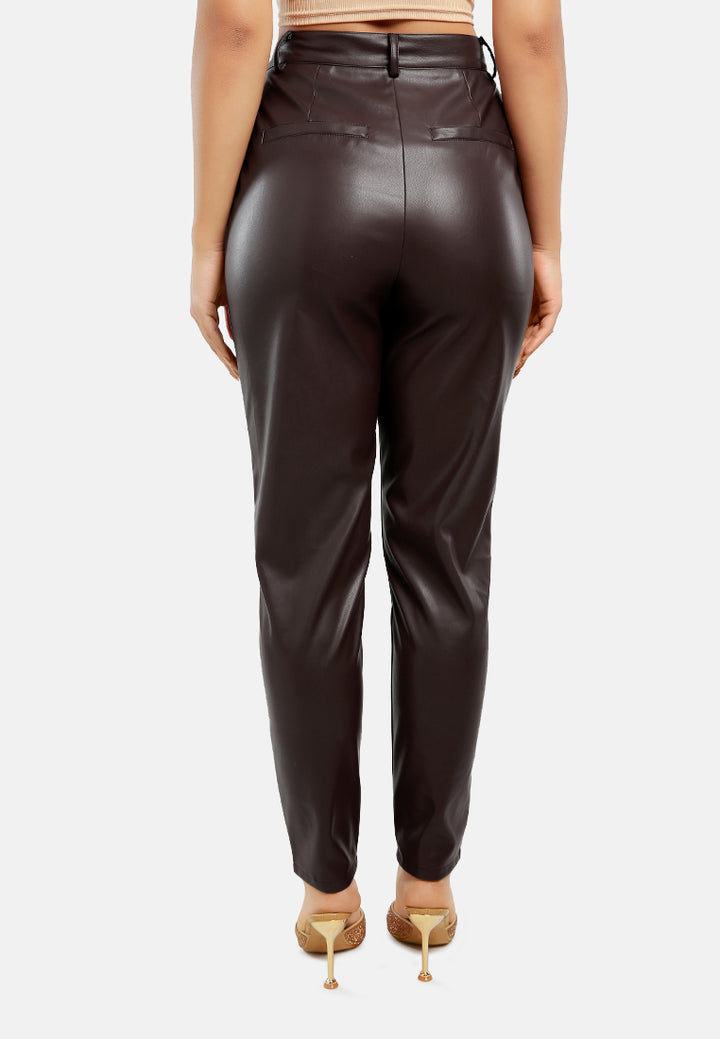 pleated faux leather pants#color_chocolate