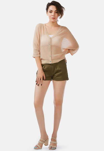 pleated flap pocket shorts#color_khaki