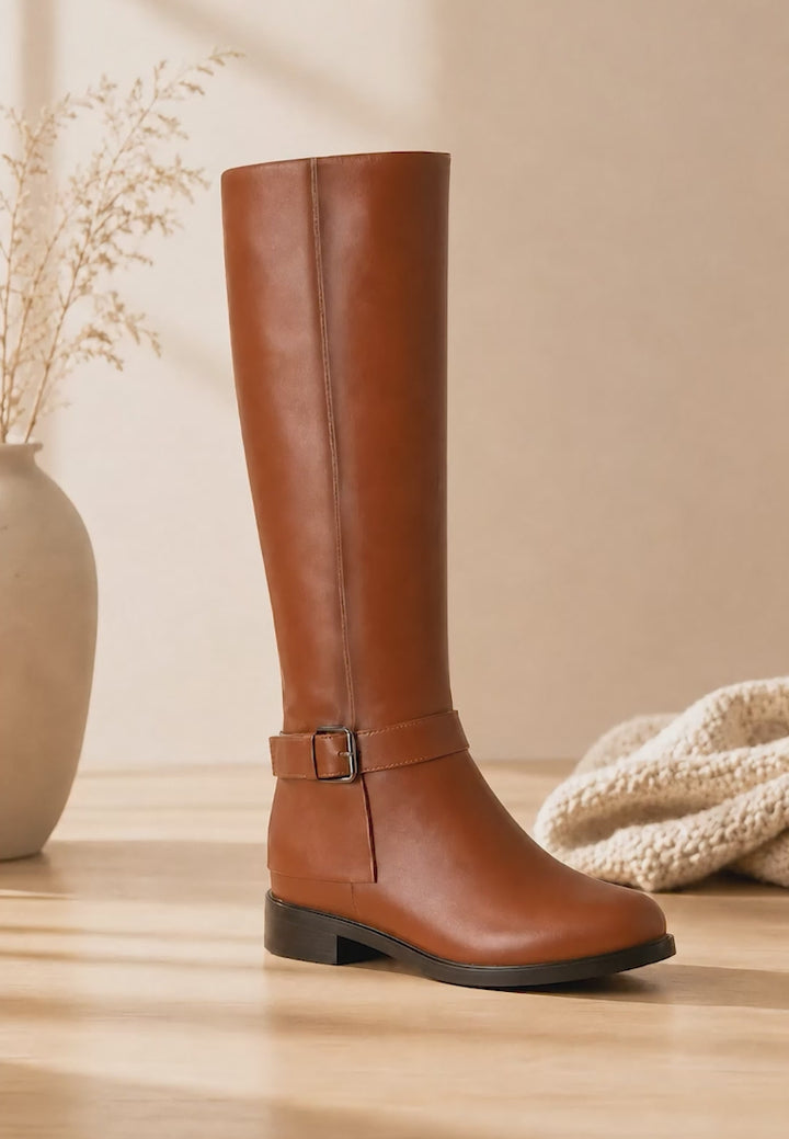 Antonia Wrap Around Buckle Detail Boots#color_tan-smooth