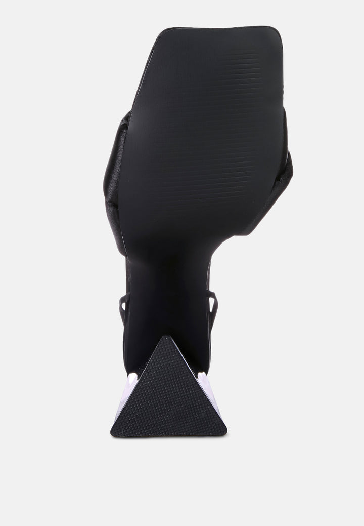 pristine knotted satin strap triangular block heel sandals#color_black