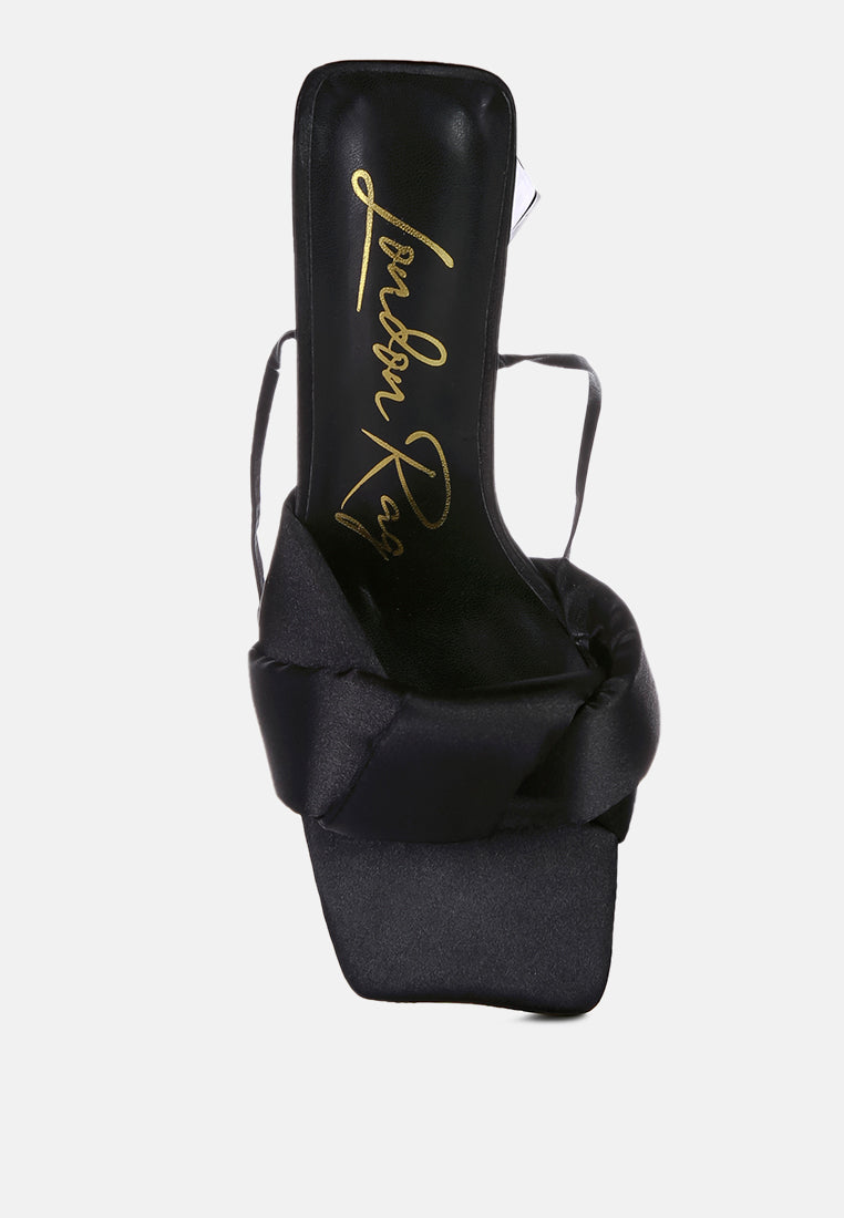 pristine knotted satin strap triangular block heel sandals#color_black