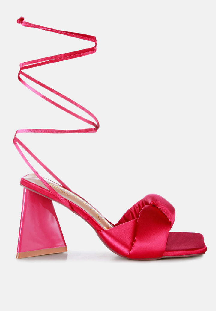 pristine knotted satin strap triangular block heel sandals#color_pink