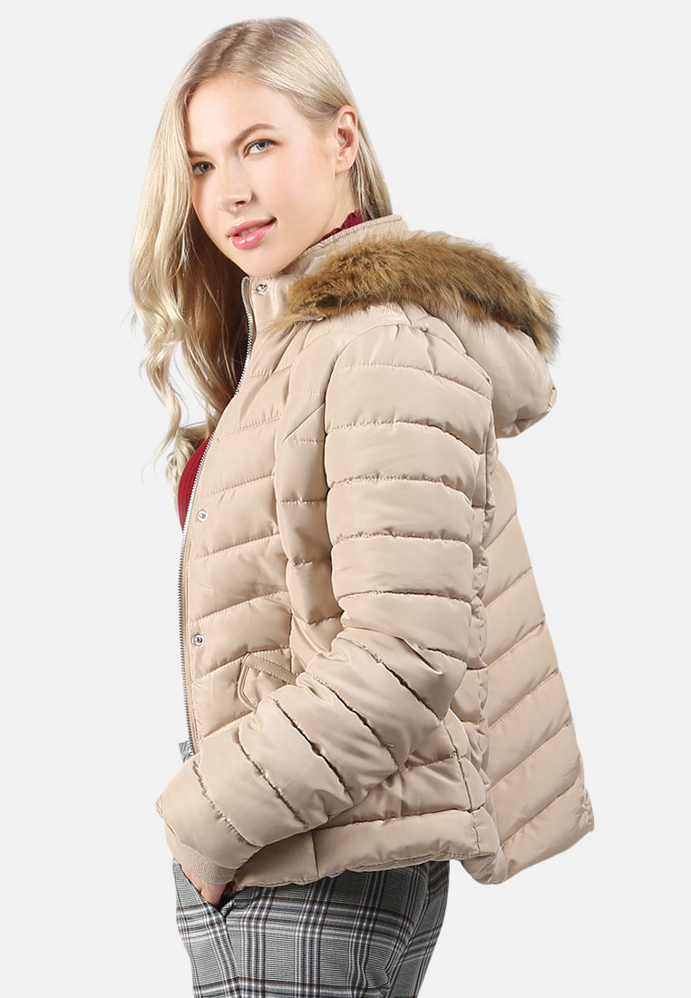 puffer jacket with faux fur hoodie#color_beige