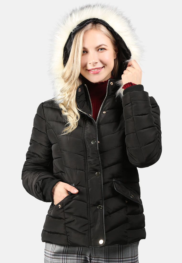 puffer jacket with faux fur hoodie#color_black