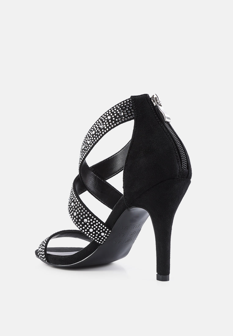 queen bee rhinestone high heeled sandals#color_black