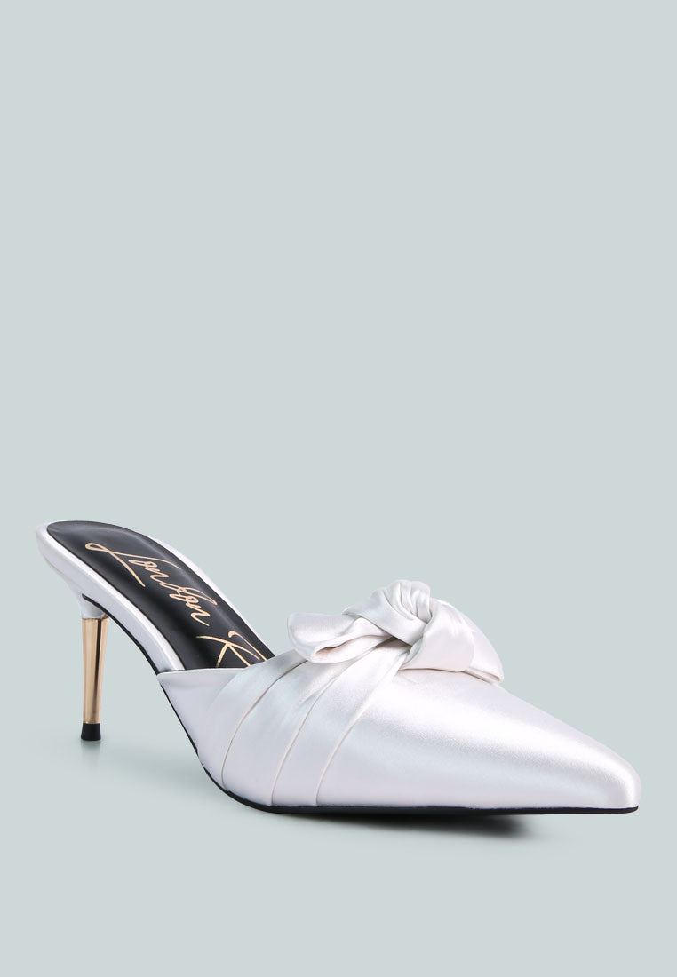 queenie satin knot stiletto mule sandals#color_white
