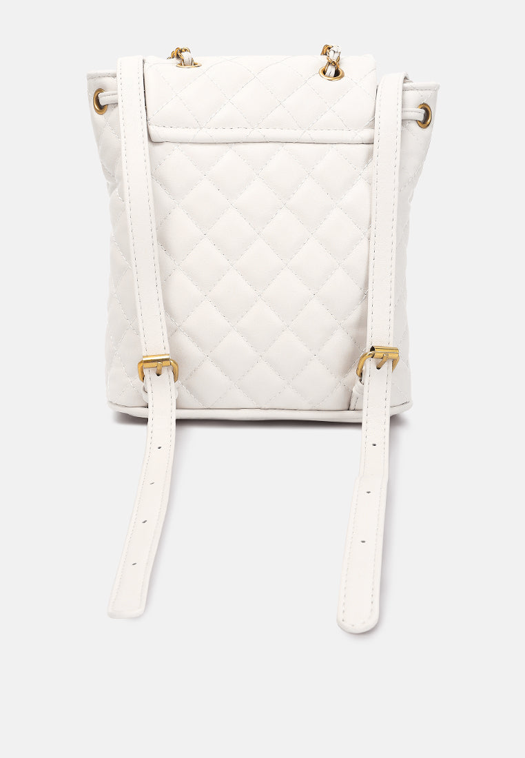 quilted faux leather bucket backpack#color_white