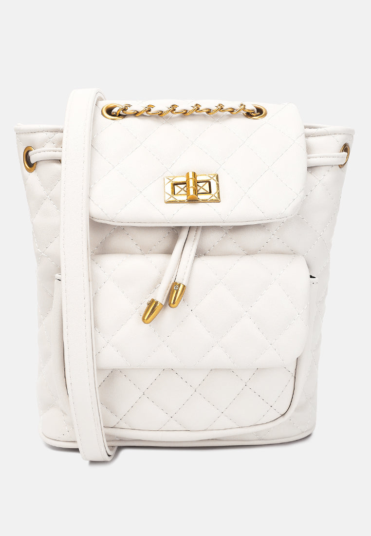 quilted faux leather bucket backpack#color_white