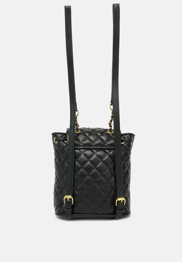 quilted faux leather bucket backpack#color_black