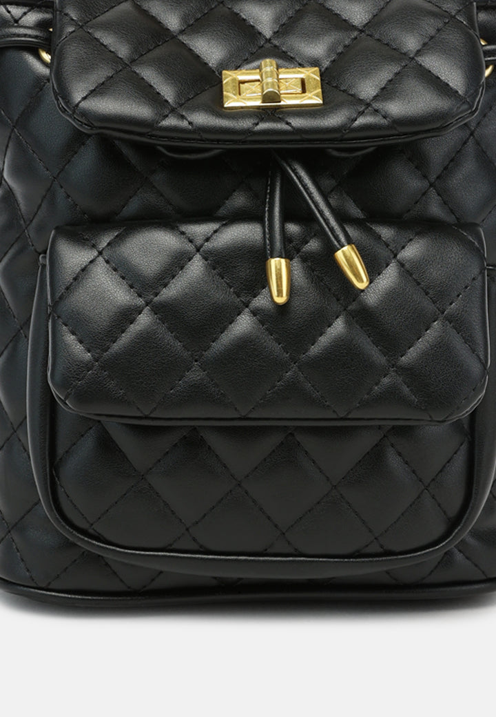 quilted faux leather bucket backpack#color_black