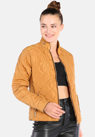 quilted puffer long sleeve jacket#color_mustard