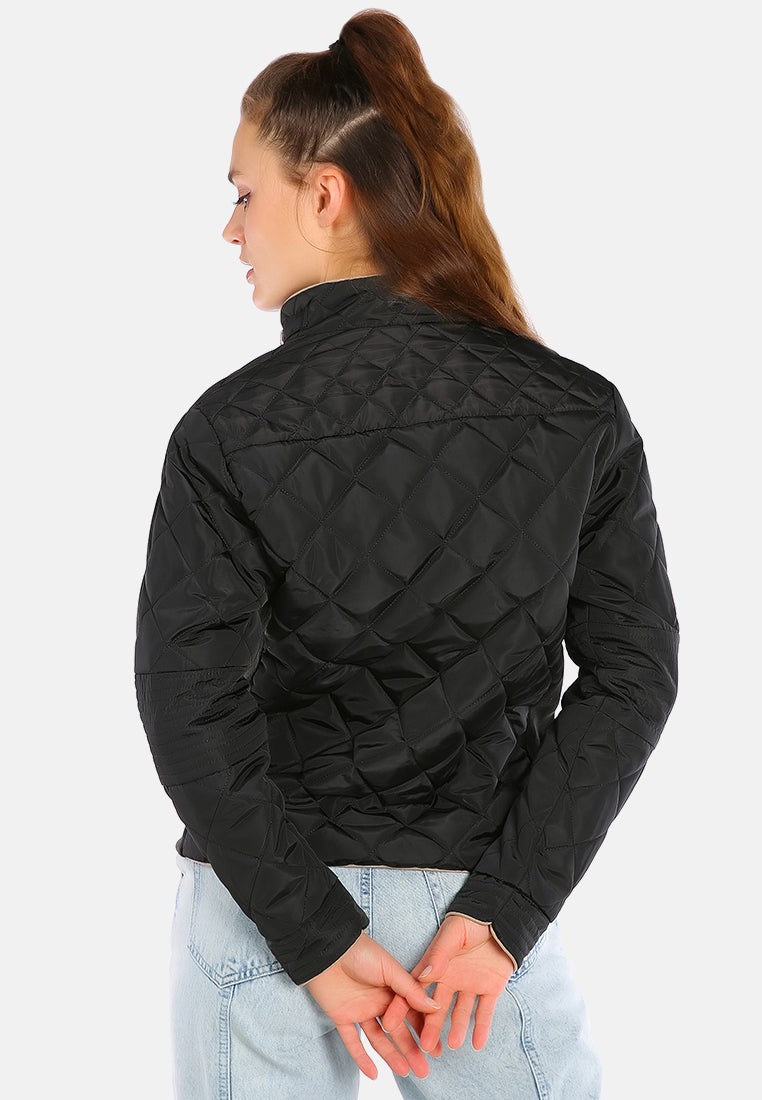 quilted puffer long sleeve jacket#color_black