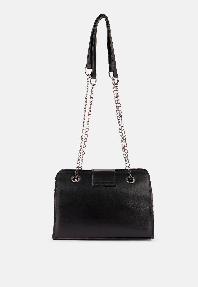 black quilted statement sling bag#color_black