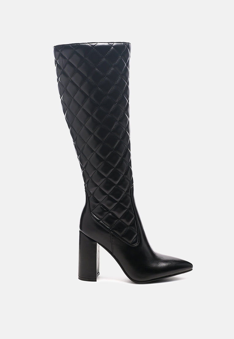 quilt knee high block heeled boots#color_black